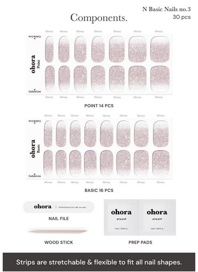 ohora Semi Cured Gel Nail Strips (N Basic Nails no.3) - Nude, Glitter, Works with UV/LED Lamps, Salon-Quality, Long Lasting, Easy to Apply & Remove - Includes 2 Prep Pads, Nail File & Wooden Stick