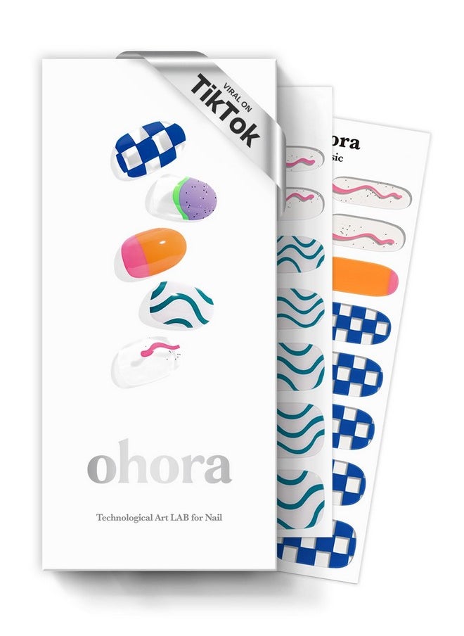 ohora Semi Cured Gel Nail Strips (N Snatched) - Blue, Patterned, Works with Any UV/LED Nail Lamps, Salon-Quality, Long Lasting, Easy to Apply & Remove - Includes 2 Prep Pads, Nail File & Wooden Stick