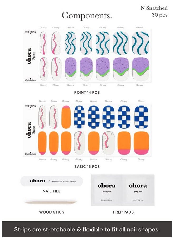 ohora Semi Cured Gel Nail Strips (N Snatched) - Blue, Patterned, Works with Any UV/LED Nail Lamps, Salon-Quality, Long Lasting, Easy to Apply & Remove - Includes 2 Prep Pads, Nail File & Wooden Stick