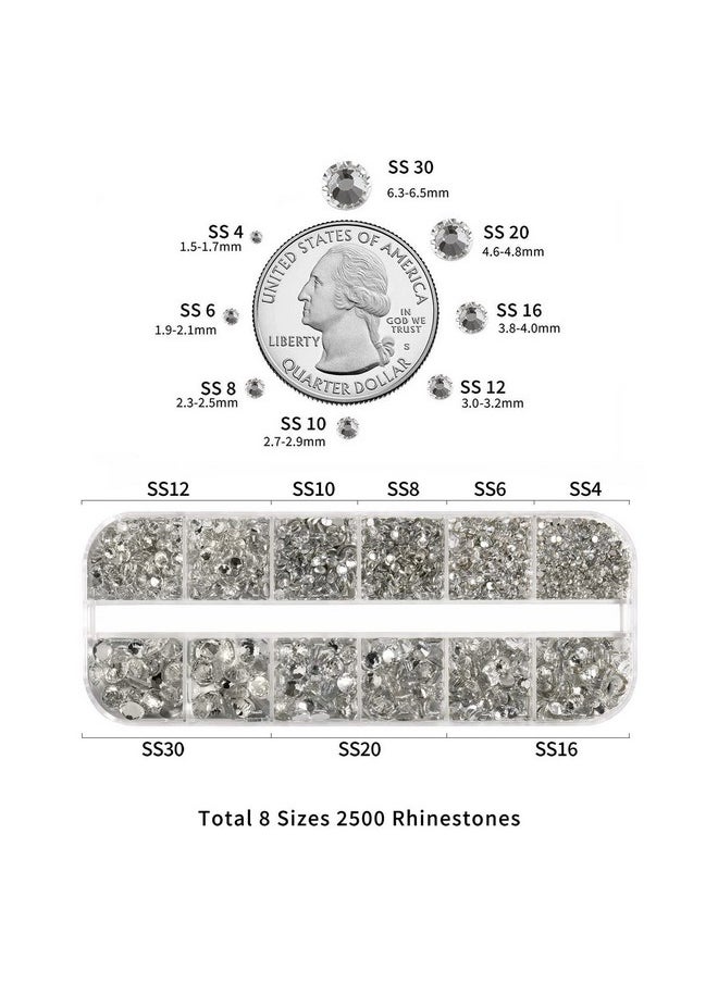 Beadsland Rhinestones for Makeup,8 Sizes 2500pcs Crystal Flatback Rhinestones Face Gems for Nails Crafts with Tweezers and Wax Pencil,Clear,SS4-SS30