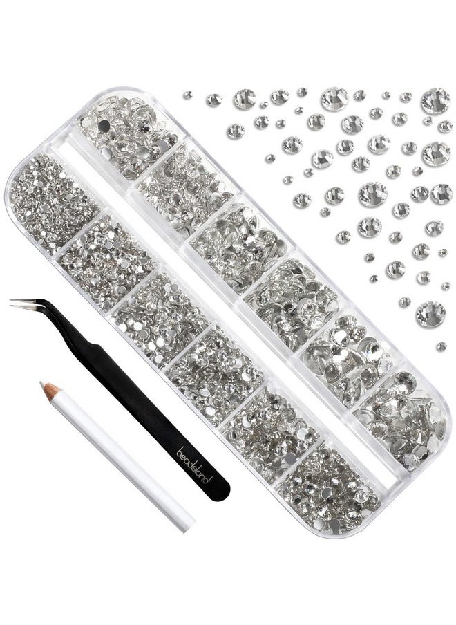 Beadsland Rhinestones for Makeup,8 Sizes 2500pcs Crystal Flatback Rhinestones Face Gems for Nails Crafts with Tweezers and Wax Pencil,Clear,SS4-SS30