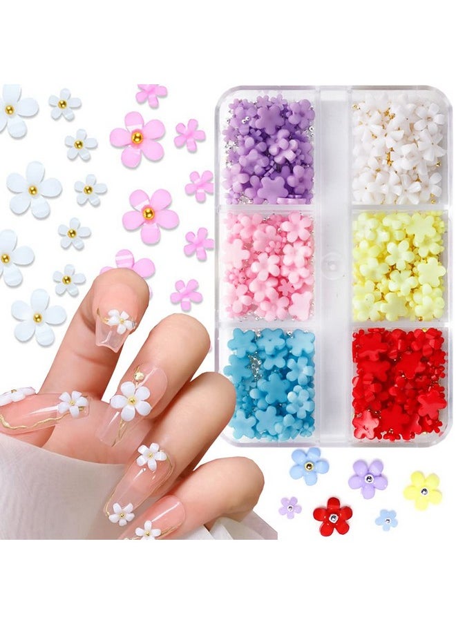 3D Flower Nail Charms, 6Colors 3D Acrylic Flower Nail Rhinestones with Gold Silver Pearl Caviar Beads Spring Flores Nail Art Design for DIY Decoration