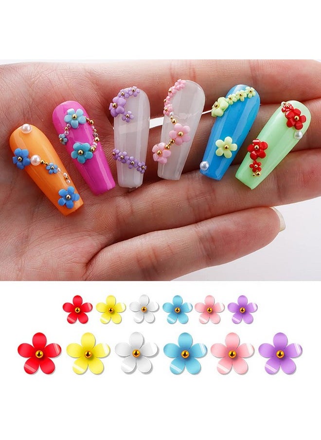 3D Flower Nail Charms, 6Colors 3D Acrylic Flower Nail Rhinestones with Gold Silver Pearl Caviar Beads Spring Flores Nail Art Design for DIY Decoration