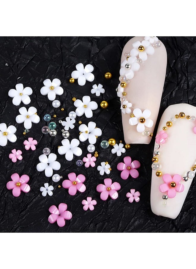 3D Flower Nail Charms, 6Colors 3D Acrylic Flower Nail Rhinestones with Gold Silver Pearl Caviar Beads Spring Flores Nail Art Design for DIY Decoration