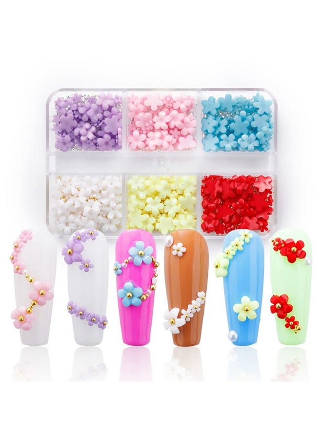 3D Flower Nail Charms, 6Colors 3D Acrylic Flower Nail Rhinestones with Gold Silver Pearl Caviar Beads Spring Flores Nail Art Design for DIY Decoration