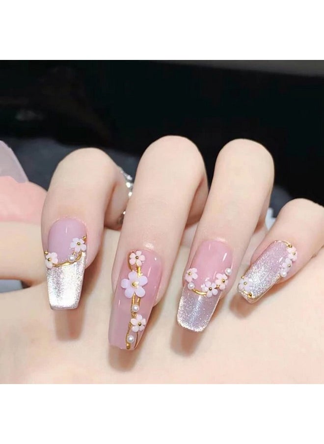 3D Flower Nail Charms, 6Colors 3D Acrylic Flower Nail Rhinestones with Gold Silver Pearl Caviar Beads Spring Flores Nail Art Design for DIY Decoration