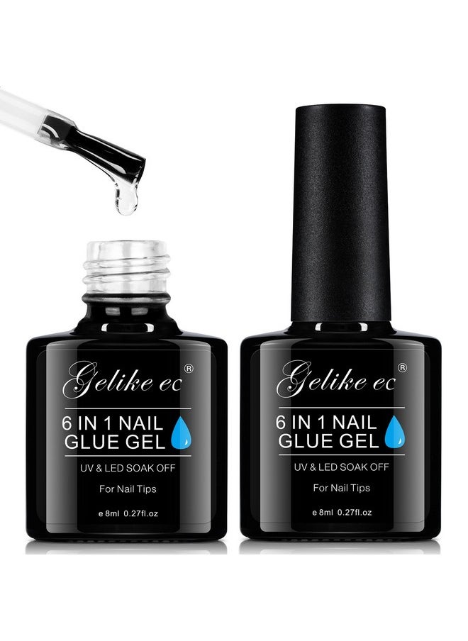 Gelike EC Gel Nail Glue UV - 6 in 1 Gel Glue for Nail Tips Need UV Light, 2PCS Strong Adhesive for Press on Nails Acrylic Tips