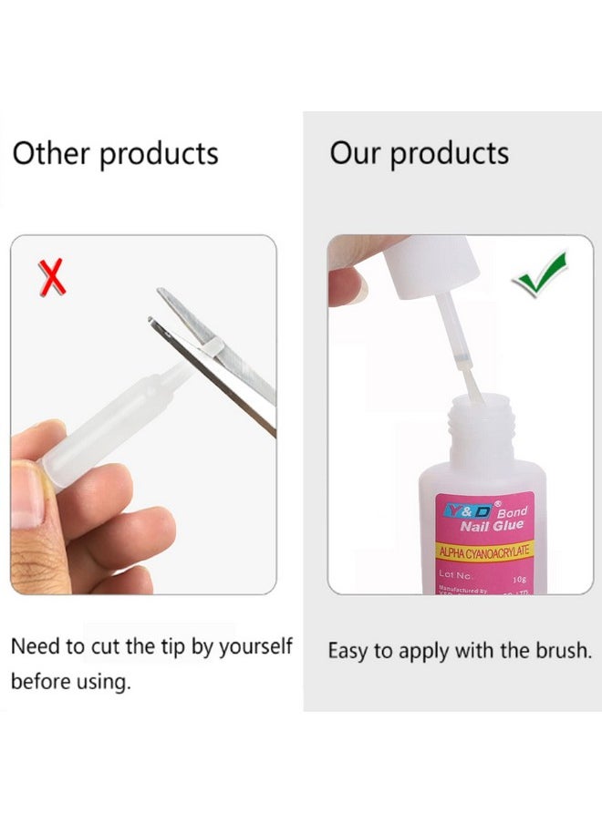 10PCS Brush on Nail Glue for Acrylic Nail Tips, Long Lasting Nail Glue Adhesive Super Bond (10g/pc)