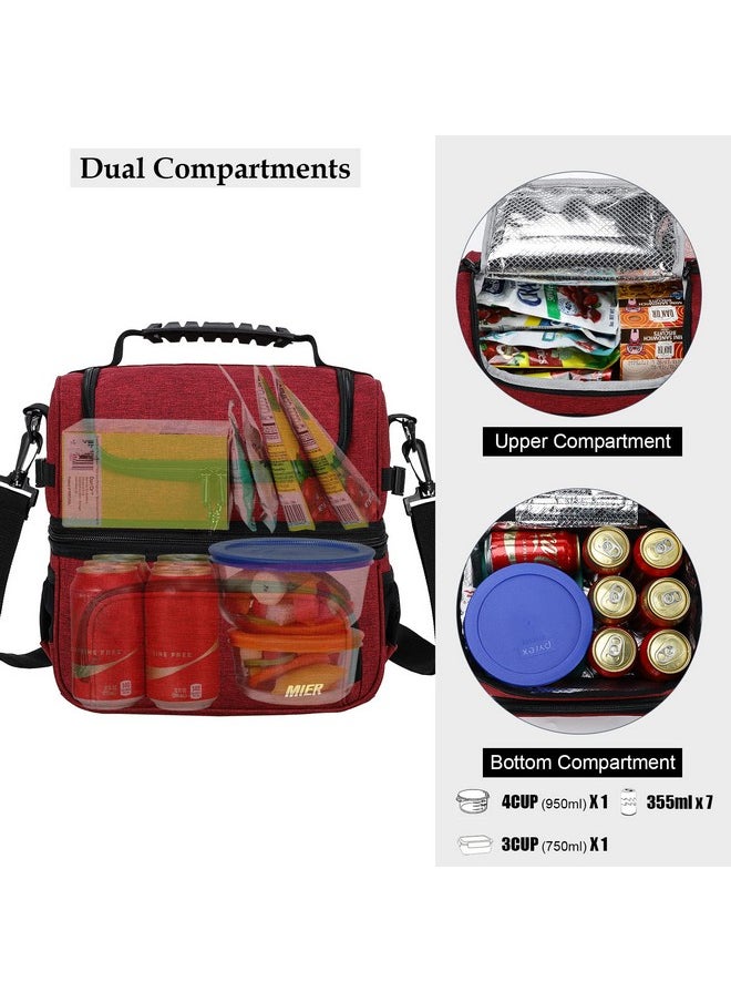 MIER Dual Compartment Lunch Bag Tote with Shoulder Strap for Men and Women Insulated Leakproof Cooler Bag, Dark Red