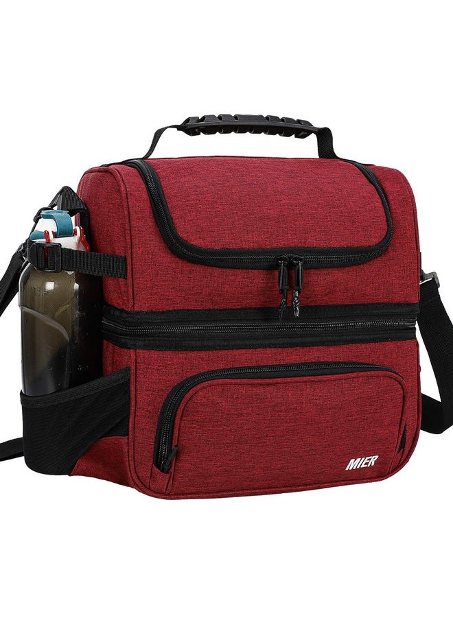 MIER Dual Compartment Lunch Bag Tote with Shoulder Strap for Men and Women Insulated Leakproof Cooler Bag, Dark Red