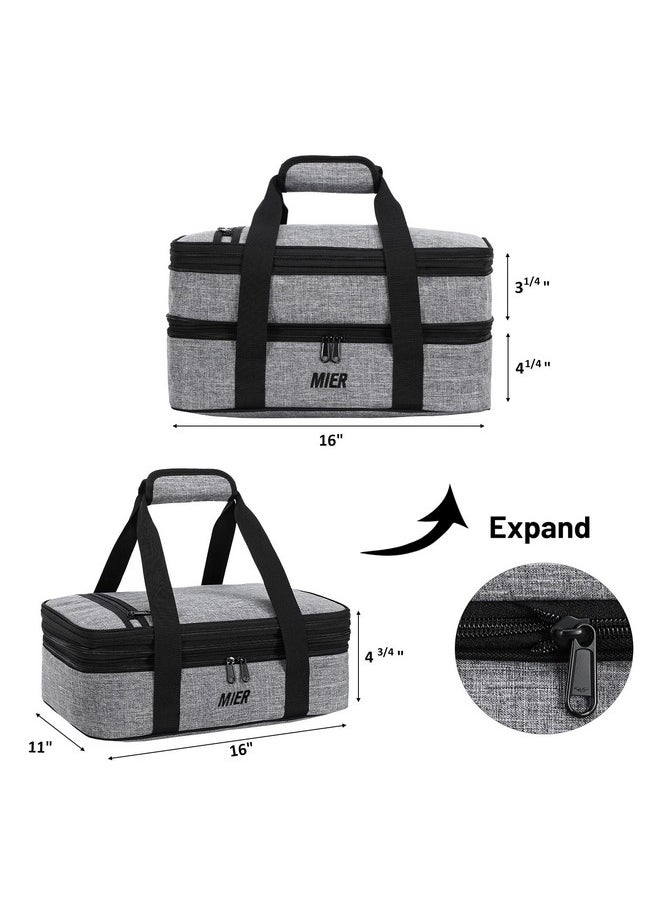 MIER Insulated Double Casserole Carrier Thermal Lunch Tote for Potluck Parties, Picnic, Beach, Fits 9 x 13 Inches Casserole Dish, Expandable by Mid Zipper, Gray