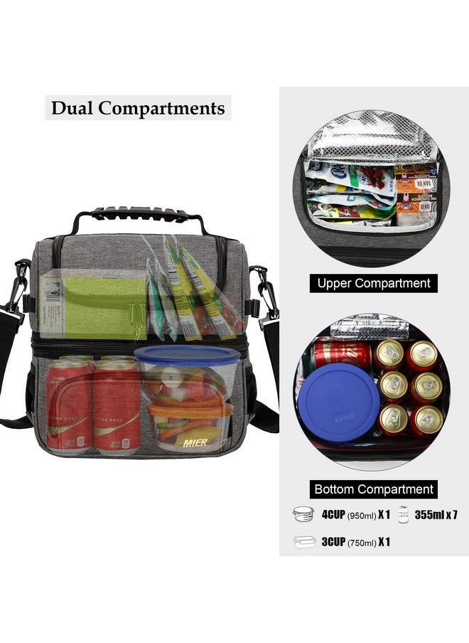 MIER Dual Compartment Lunch Bag Tote with Shoulder Strap for Men and Women Insulated Leakproof Cooler Bag, Grey