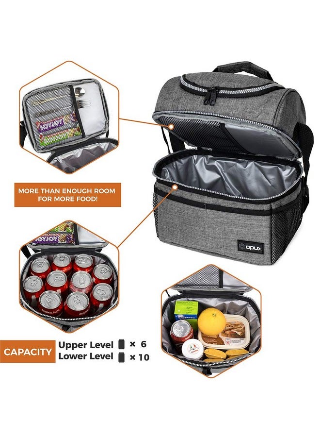 OPUX Lunch Box For Men Women, Insulated Large Lunch Bag Adult Work, Double Decker Lunchbox Meal Prep Dual Compartment Leakproof Lunch Cooler, Soft Lunch Pail Tote Boys Girls Kids School, Heather Gray