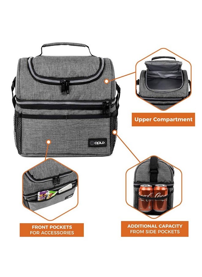 OPUX Lunch Box For Men Women, Insulated Large Lunch Bag Adult Work, Double Decker Lunchbox Meal Prep Dual Compartment Leakproof Lunch Cooler, Soft Lunch Pail Tote Boys Girls Kids School, Heather Gray