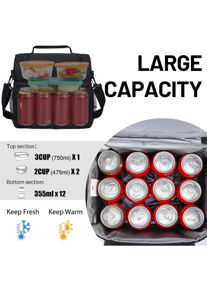 MIER Mens Insulated Lunch Box, Dual Compartment Large Lunch Bag Coolers with Shoulder Strap for Men Women Adult to Office Work, Picnic, Travel, Outdoors, Black