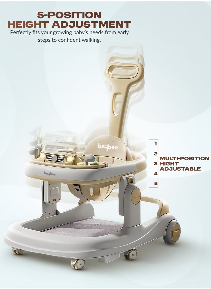 3 in 1 Rollo Baby Walker for Kids, Baby Push Walker with Parental Push Handle, 5 Adjustable Height, Speed Adjustable, Foldable Kids Walker with Light, Tray & Musical Toddler Walker for Baby 6 to 24 Months Boy Girl Beige