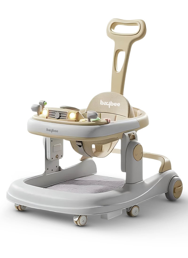 3 in 1 Rollo Baby Walker for Kids, Baby Push Walker with Parental Push Handle, 5 Adjustable Height, Speed Adjustable, Foldable Kids Walker with Light, Tray & Musical Toddler Walker for Baby 6 to 24 Months Boy Girl Beige