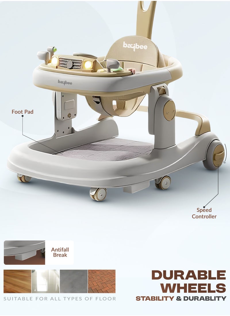 3 in 1 Rollo Baby Walker for Kids, Baby Push Walker with Parental Push Handle, 5 Adjustable Height, Speed Adjustable, Foldable Kids Walker with Light, Tray & Musical Toddler Walker for Baby 6 to 24 Months Boy Girl Beige