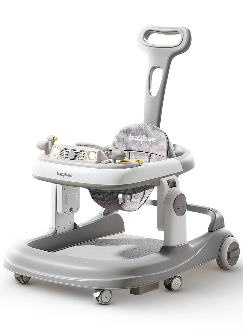 3 in 1 Rollo Baby Walker for Kids, Baby Push Walker with Parental Push Handle, 5 Adjustable Height, Speed Adjustable, Foldable Kids Walker with Light, Tray & Musical Toddler Walker for Baby 6 to 24 Months Boy Girl Grey