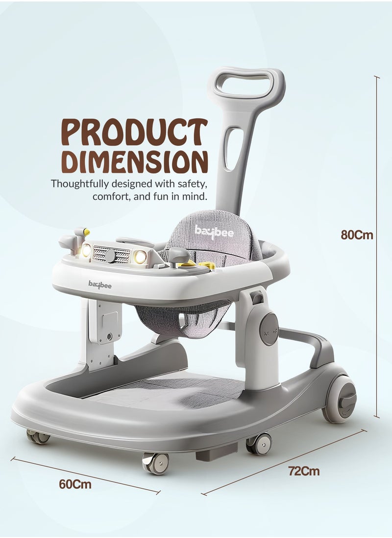 3 in 1 Rollo Baby Walker for Kids, Baby Push Walker with Parental Push Handle, 5 Adjustable Height, Speed Adjustable, Foldable Kids Walker with Light, Tray & Musical Toddler Walker for Baby 6 to 24 Months Boy Girl Grey