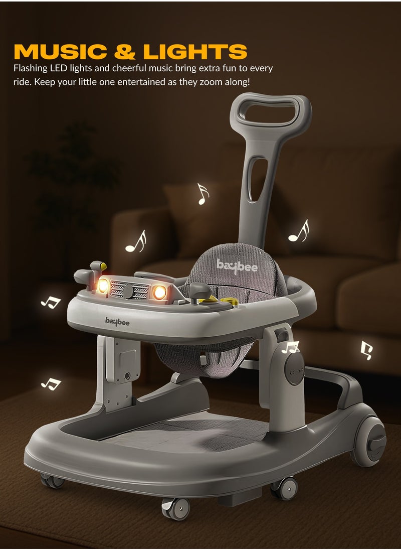 3 in 1 Rollo Baby Walker for Kids, Baby Push Walker with Parental Push Handle, 5 Adjustable Height, Speed Adjustable, Foldable Kids Walker with Light, Tray & Musical Toddler Walker for Baby 6 to 24 Months Boy Girl Grey