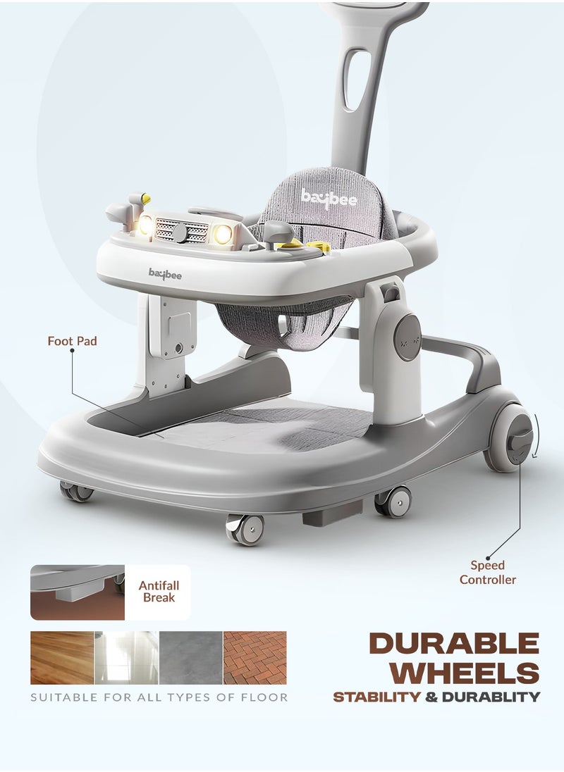 3 in 1 Rollo Baby Walker for Kids, Baby Push Walker with Parental Push Handle, 5 Adjustable Height, Speed Adjustable, Foldable Kids Walker with Light, Tray & Musical Toddler Walker for Baby 6 to 24 Months Boy Girl Grey