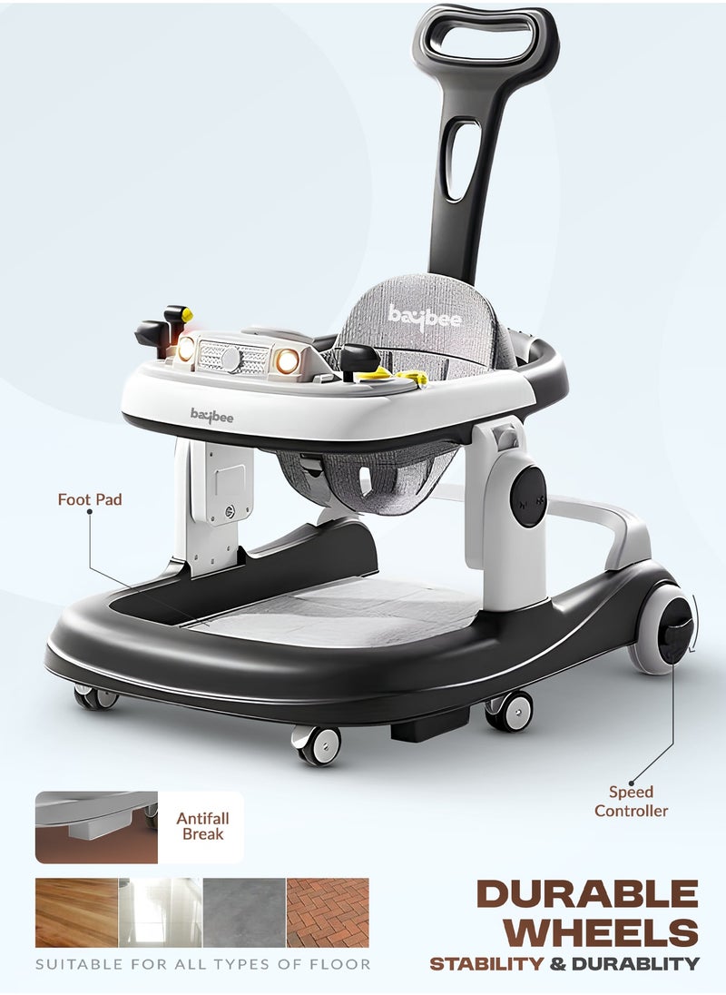 3 in 1 Rollo Baby Walker for Kids, Baby Push Walker with Parental Push Handle, 5 Adjustable Height, Speed Adjustable, Foldable Kids Walker with Light, Tray & Musical Toddler Walker for Baby 6 to 24 Months Boy Girl Black