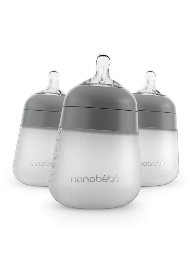 Nanobébé Flexy Silicone Baby Bottle, Anti-Colic, Natural Feel, Non-Collapsing Nipple, Non-Tip Stable Base, Easy to Clean, 3-Pack, Gray, 9oz