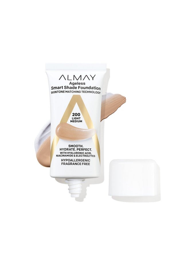 Almay Anti-Aging Foundation, Smart Shade Face Makeup with Hyaluronic Acid, Niacinamide, Vitamin C & E, Hypoallergenic-Fragrance Free, 200 Light Medium, 1 Fl Oz (Pack of 1)