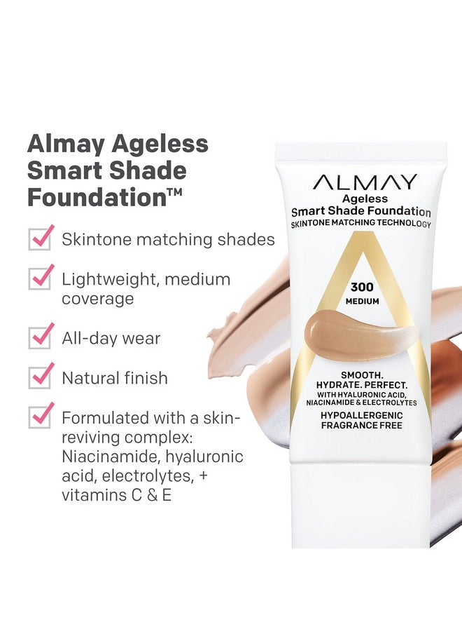 Almay Anti-Aging Foundation, Smart Shade Face Makeup with Hyaluronic Acid, Niacinamide, Vitamin C & E, Hypoallergenic-Fragrance Free, 200 Light Medium, 1 Fl Oz (Pack of 1)