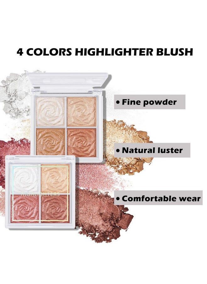 Boobeen Blush and Highlighter Palette- 4-color Metallic Shimmer Shadow Powder, Illuminator Makeup Set for Shading, Highlighting & Defining the Face