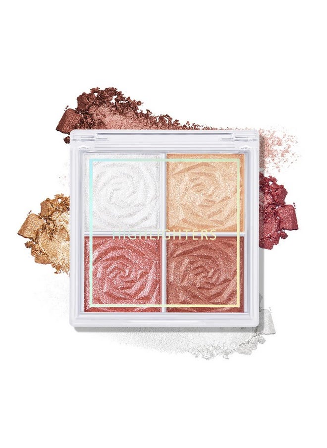 Boobeen Blush and Highlighter Palette- 4-color Metallic Shimmer Shadow Powder, Illuminator Makeup Set for Shading, Highlighting & Defining the Face