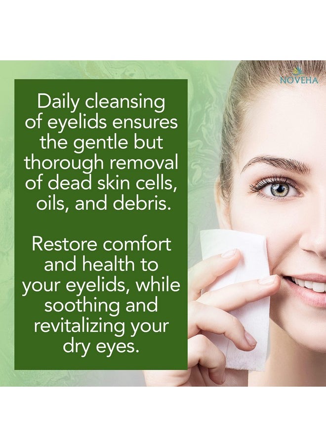NOVEHA 60PCs Tea Tree Oil Eyelid & Lash Wipes | With Hyaluronic Acid, Green Tea & Chamomile For Blepharitis, Itchy & Stye Eyes, Individually Wrapped, Natural Eyelash Makeup Remover & Daily Cleanser