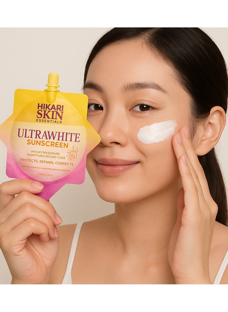 Hikari Skin Essentials UltraWhite Sunscreen SPF 60 PA+++ – Brightening UV/UVB Protection Cream | Oil-Free Daily Sunblock | Protects, Repairs & Corrects | 15ml Travel Pack