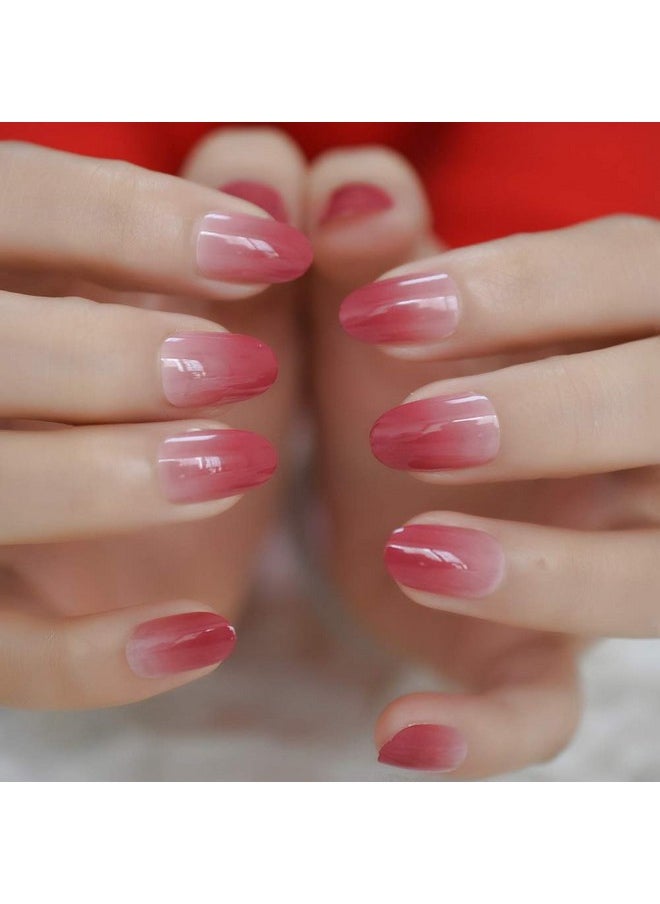 LightCoral Ombre Artificial False Nails Sleek Gel Acrylic Nail Oval Medium Color Tips with Gluetabs 24pcs