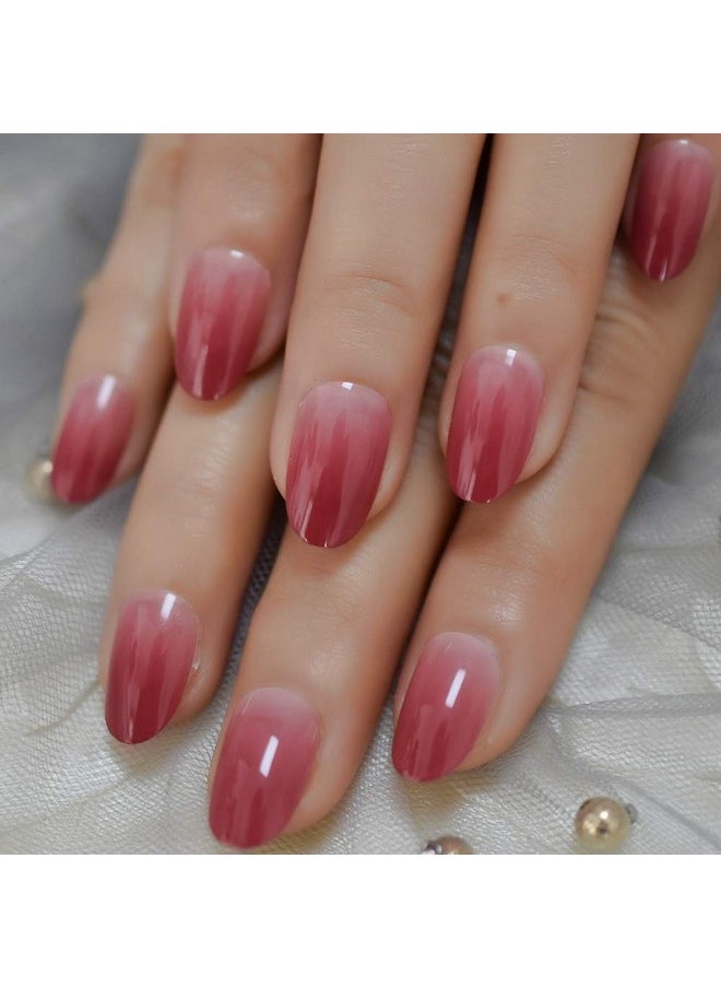 LightCoral Ombre Artificial False Nails Sleek Gel Acrylic Nail Oval Medium Color Tips with Gluetabs 24pcs