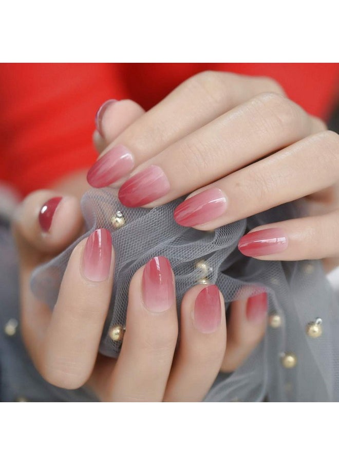 LightCoral Ombre Artificial False Nails Sleek Gel Acrylic Nail Oval Medium Color Tips with Gluetabs 24pcs