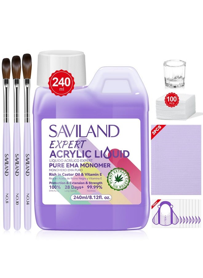 Saviland 8OZ EMA Acrylic Liquid Monomer: Pure EMA Odorless Liquid Monomer Professional Nail Monomer Liquid Kit for Acrylic Powder with Acrylic Brush Dappen Dish Nail Table Mat Nail Tech Salon
