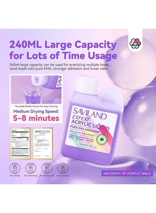 Saviland 8OZ EMA Acrylic Liquid Monomer: Pure EMA Odorless Liquid Monomer Professional Nail Monomer Liquid Kit for Acrylic Powder with Acrylic Brush Dappen Dish Nail Table Mat Nail Tech Salon