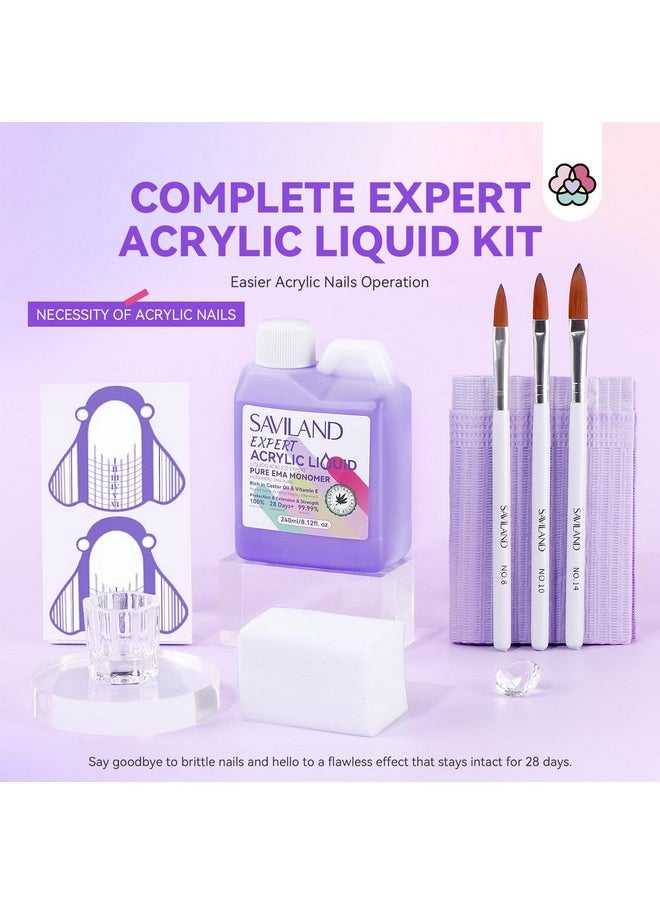 Saviland 8OZ EMA Acrylic Liquid Monomer: Pure EMA Odorless Liquid Monomer Professional Nail Monomer Liquid Kit for Acrylic Powder with Acrylic Brush Dappen Dish Nail Table Mat Nail Tech Salon