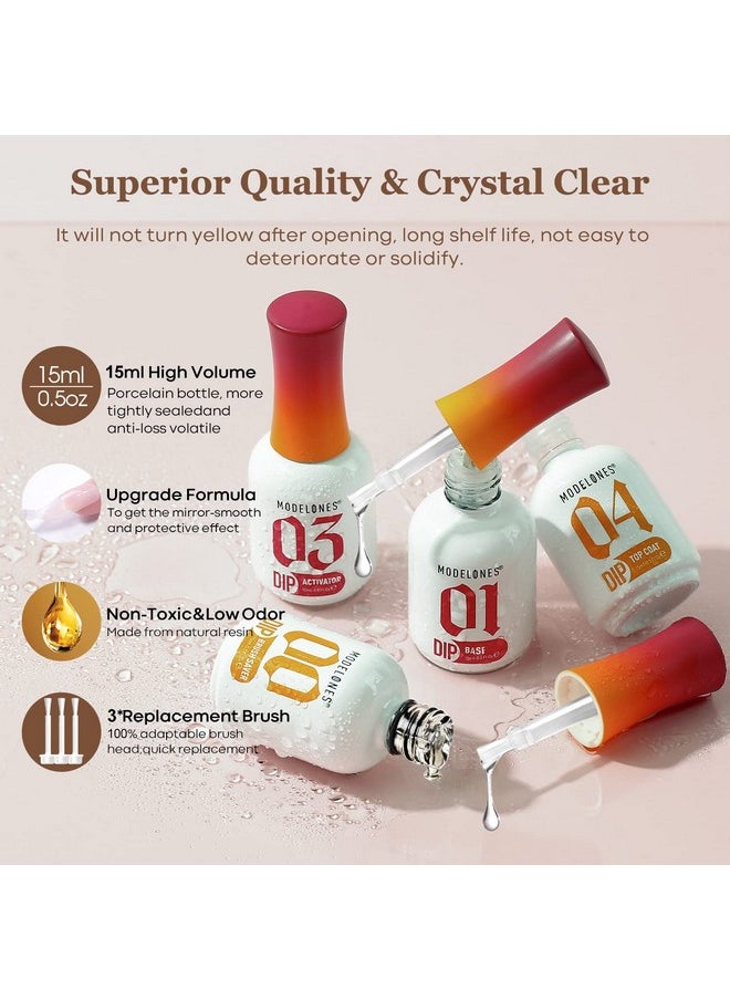modelones Dip Powder Liquid Set 4+4 Pcs, Dip Powder System Set with Base Coat/Top Coat/Activator/Brush Saver/Manicure Tools for Nail Kit Art DIY Salon - 15ml/0.5oz