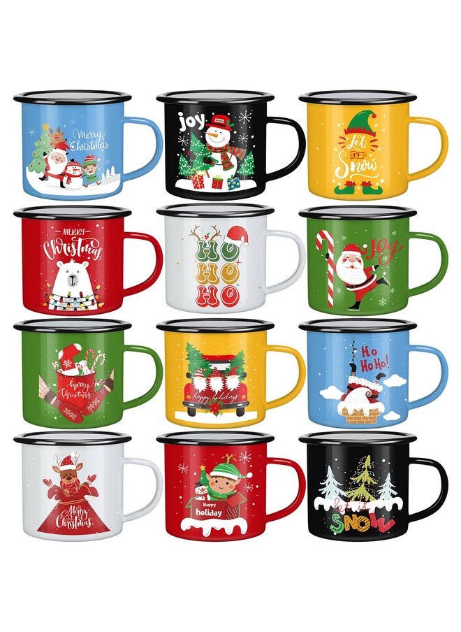 CHENGU Set of 12 Christmas Enamel Mug Bulk 12 oz Hot Chocolate Mugs Holiday Hot Cocoa Ceramic Mugs Merry Christmas Xmas Funny Coffee Cups Stocking Stuffer Gifts for Women Family Friends Coworkers