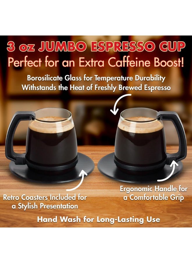 Funwares Unique Coffee Mug, Perfect Gag Gift, Funny Cool Big Coffee Mug for Men and Women! Espresso Joe, 3 oz Espresso Cups with Retro Coasters, Set of 2