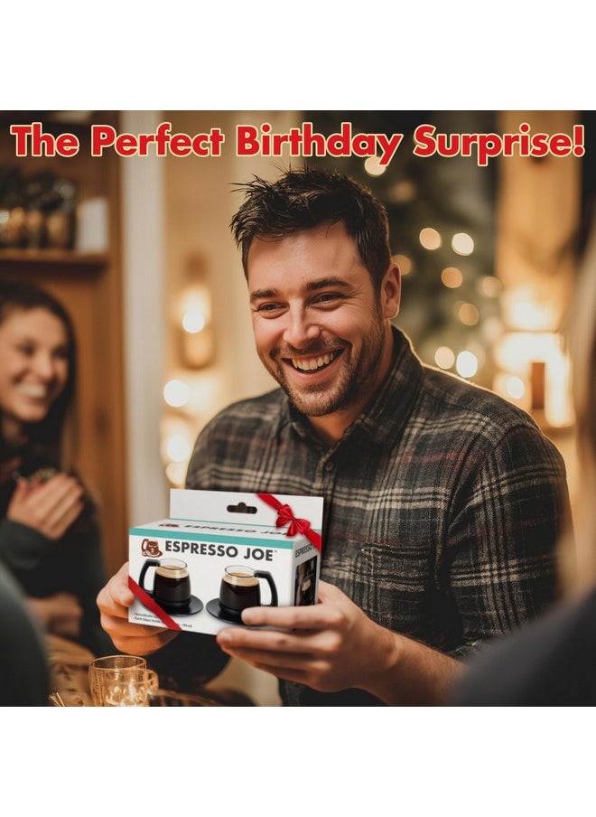 Funwares Unique Coffee Mug, Perfect Gag Gift, Funny Cool Big Coffee Mug for Men and Women! Espresso Joe, 3 oz Espresso Cups with Retro Coasters, Set of 2