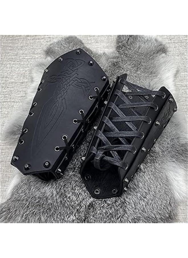 Medieval Embossed Arm Bracers, Retro Faux Leather Knight Arm Gauntlets, Vintage Renaissance Arm Guards (Black B)