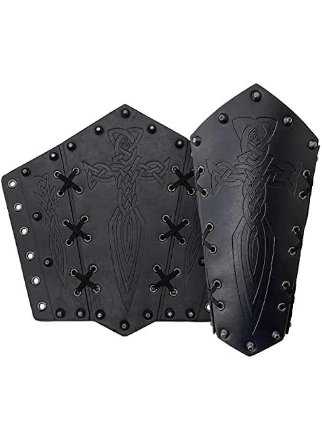 Medieval Embossed Arm Bracers, Retro Faux Leather Knight Arm Gauntlets, Vintage Renaissance Arm Guards (Black B)