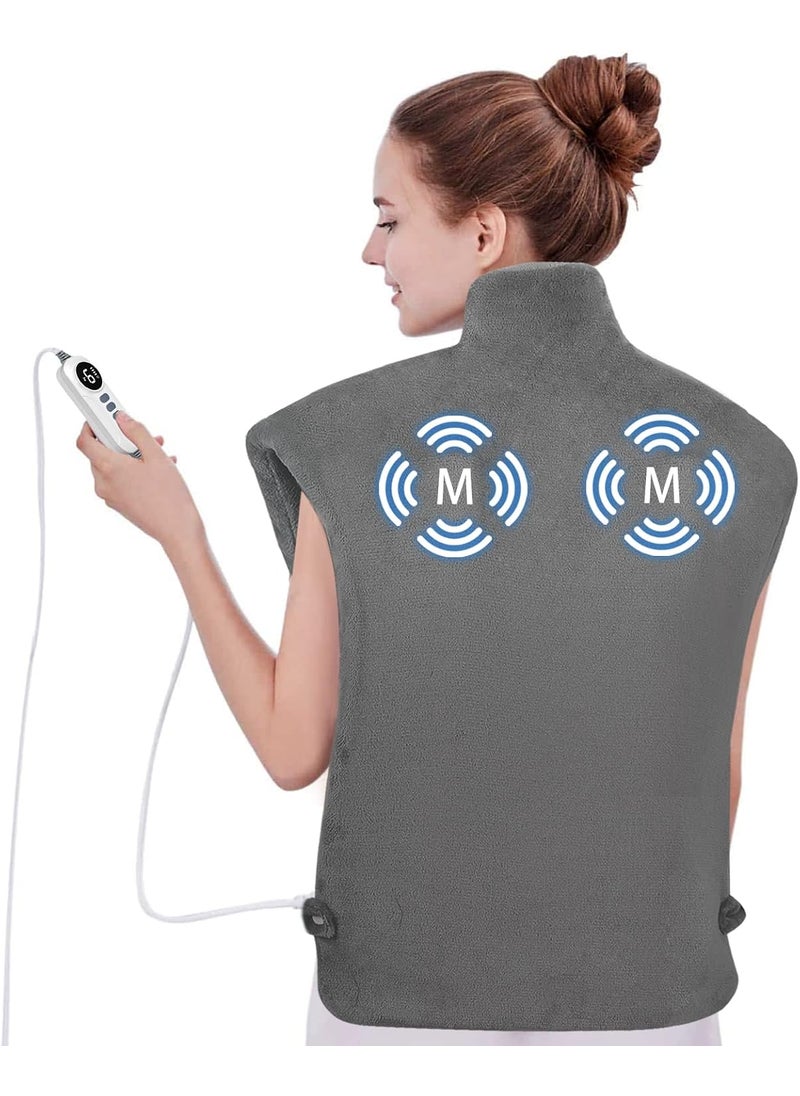 Heating Pad with Massager for Neck and Shoulders, Wearable Electric Heating Pads for Back Pain Relief, Auto-Shut Off, 6 Heat Settings, 4 Massage Modes, Large Size, UL Certified, Gray