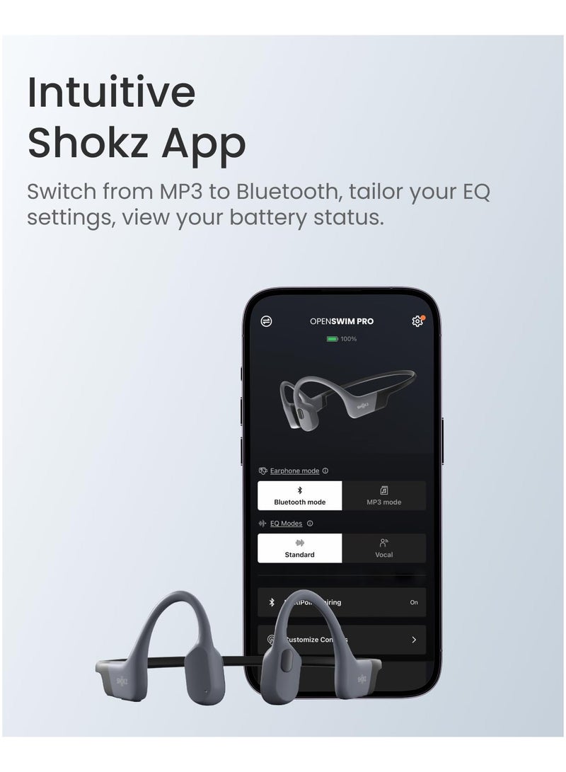 OpenSwim Pro Bone Conduction Sports Headphones, IP68 Waterproof Open-Ear Wireless Earphones with Bluetooth 5.4, 32GB of MP3 Storage, Noise Canceling Mics, 9h Playtime for Running, Swimming Grey