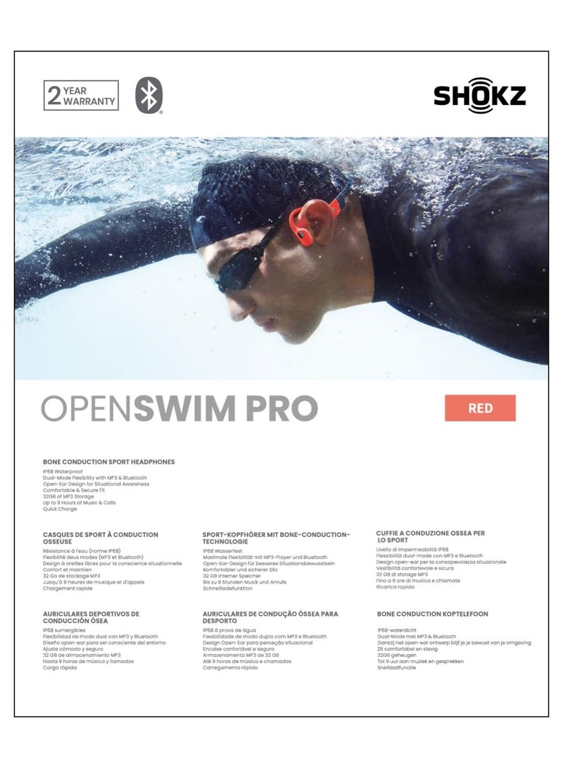 OpenSwim Pro Bone Conduction Sports Headphones, IP68 Waterproof Open-Ear Wireless Earphones with Bluetooth 5.4, 32GB of MP3 Storage, Noise Canceling Mics, 9h Playtime for Running, Swimming Red