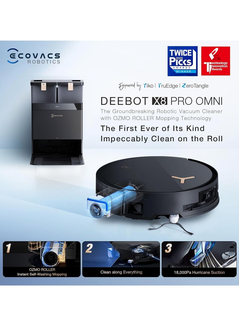 Deebot X8 Pro Omni Robot Vacuum and Mop, OZMO Roller Instant Self-Washing Mopping,18000Pa Suction Hot Water Mop Washing, Auto Cleaning Solution Adding, Hot Air-Drying, Self-Emptying 4 L 80 W DEX56 Black